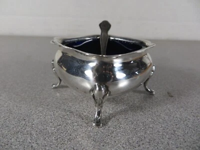 HENRY MATTHEWS Footed Sterling Silver Salt Cellar w/ Cobalt Glass Dish & Spoon - Image 1 of 4