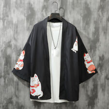 Women Men Lucky Cat Printed Yukata Kimono Coat Loose Casual Haori Outwear Top