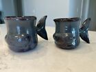 2 Thora Pottery Whale Tail Handle Signed Blue Green Mug Coffee Cup Ocean Art