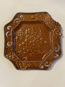 Brown Glossy Octagon Plate Intricate Grapes Leaves Vine Elaborate Edges 11 Inch - Picture 1 of 4