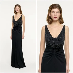 Neu ohne Etikett Roland Mouret verziertes Blumen Satin Krepp Kleid schwarz, Größe US 8 (UK 12) - Bild 1 von 8