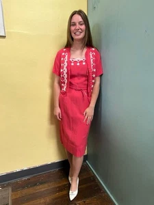 Vintage 50s/60s TONI TODD Bright Pink Embroidered Dress & Jacket Size S - Picture 1 of 11