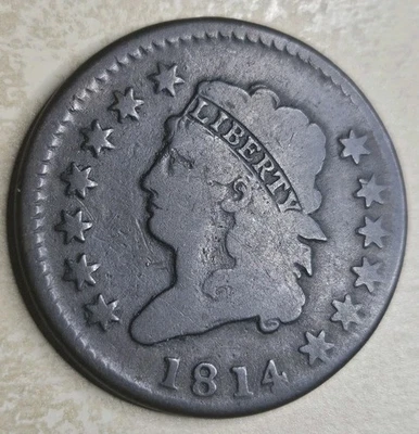 1814 Classic Head Cent Penny Very Good VG Almost Fine F Crosslet 4 Original  - Image 1 of 3