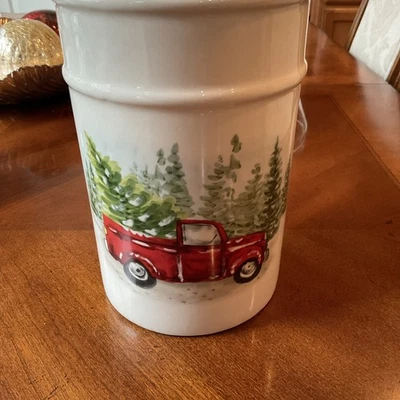 MAXCERA Red Truck CANISTER COOKIE JAR BRINGING HOME CHRISTMAS TREE - NO LID  - Image 1 of 4
