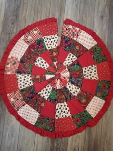 Vintage Patchwork Christmas Tree Skirt Red Green White 22"  - Picture 1 of 6