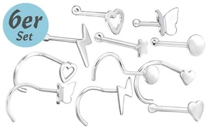 925 ECHT SILBER *** 6er-Set Nasenpiercing  Herz Schmetterling Blitz Stern Rund - Picture 1 of 4