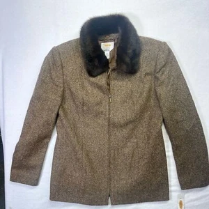 Talbots Wool Silk Herringbone Tweed Faux Fur Jacket Womens 4 Italian Fabric Coat - Picture 1 of 9