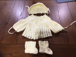 Vintage Yellow Baby Bonnet Coat And Shoes Handmade Crochet Toddler Clothing - Picture 1 of 3