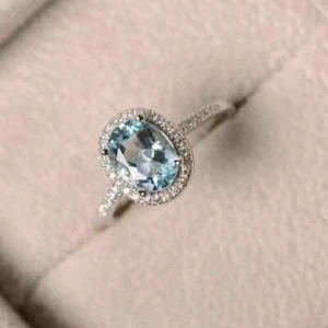 3.Ct Oval Cut Simulated Aquamarine Lovely Halo Wedding Ring 14K White Gold solid - Picture 1 of 6