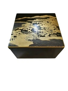 Vintage Japan Square Black Gold Lacquer Box of 6 Coasters NOS HTF Rare - Picture 1 of 5