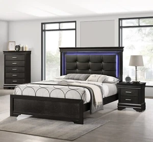 3pc Modern LED Light Full Size Panel Upholstered Bed Chest Nightstand Set Black - Picture 1 of 8