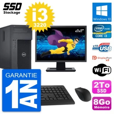 PC tour DELL T1650 Pantalla 22" Intel Core i3-3220 RAM 8Go SSD 2To Windows 10 Wi - Imagen 1 de 4