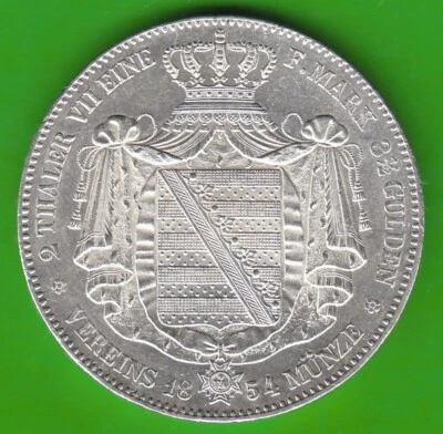 Coin Talers Silver Saxony Double Taler 1854 good vz pretty nswleipzig - Image 1 of 3