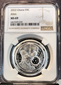 2022 REPUBLIC OF GHANA SILVER 5 CEDIS ALIEN NGC MS 69 GREAT COIN - Picture 1 of 3