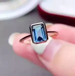 925 Sterlingsilber Natürlicher Smaragd Schliff Blauer Topas Verlobung Damen Ring - Bild 1 von 7