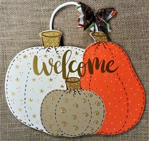 WELCOME Autumn Fall Thanksgiving SIGN Wall Art Door Hanger Plaque Wood Pumpkins - Picture 1 of 1