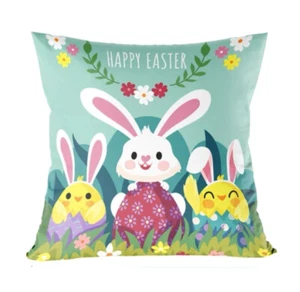 Bunny Chicks Eggs Floral Fun Spring Easter Throw Pillow Cover Holiday Home Decor - Picture 1 of 4