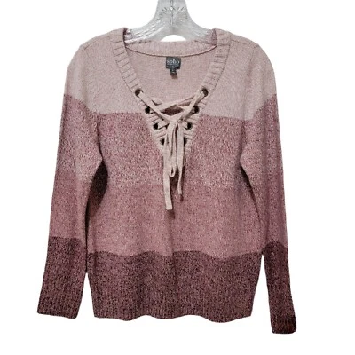 NEW YORK & CO Soho Jeans Color Block Lace Up Sweater Women's Sz Medium Pink NWOT - Image 1 of 4