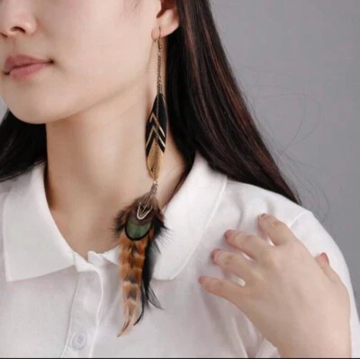 Extra Long Feather Dangle Earrings Tassel Natural Bohemian Jewelry Gift Boho NEW - Image 1 of 4