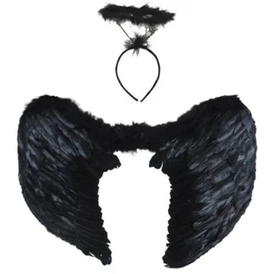 Juego de ala y halo ángel de pluma negra - Imagen 1 de 6