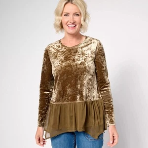 LOGO Lori Goldstein Women’s Crushed Velvet Top Size Large Chiffon Ruffle Hem - Picture 1 of 8