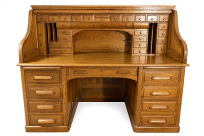 Antiguo escritorio enrollable de roble macizo - Frente de pandereta clásico, docenas de cajones Foto 1 de 4