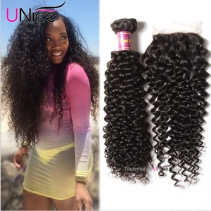 UNice 8A Brazilian Curly Human Hair 3 Bundles With Lace Closure Hair Extensions - Picture 1 of 12