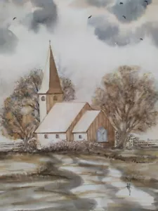 Paisaje de acuarela, pintura de campo, iglesia pequeña, minimalista estético. - Imagen 1 de 4