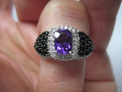 Phillip Gavriel Sterling Silver Amethyst Black Spinel Clear Stone Ring sz 6.25 - Image 1 of 4
