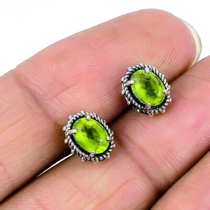 Natural Peridot Faceted 925 Silver Stud Post Anniversary Memorial Day Earrings - Picture 1 of 7