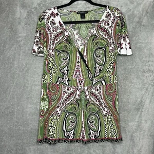 INC International Concepts 1X Top Shirt Green Paisley Cap Short Sleeve V Neck - Picture 1 of 7