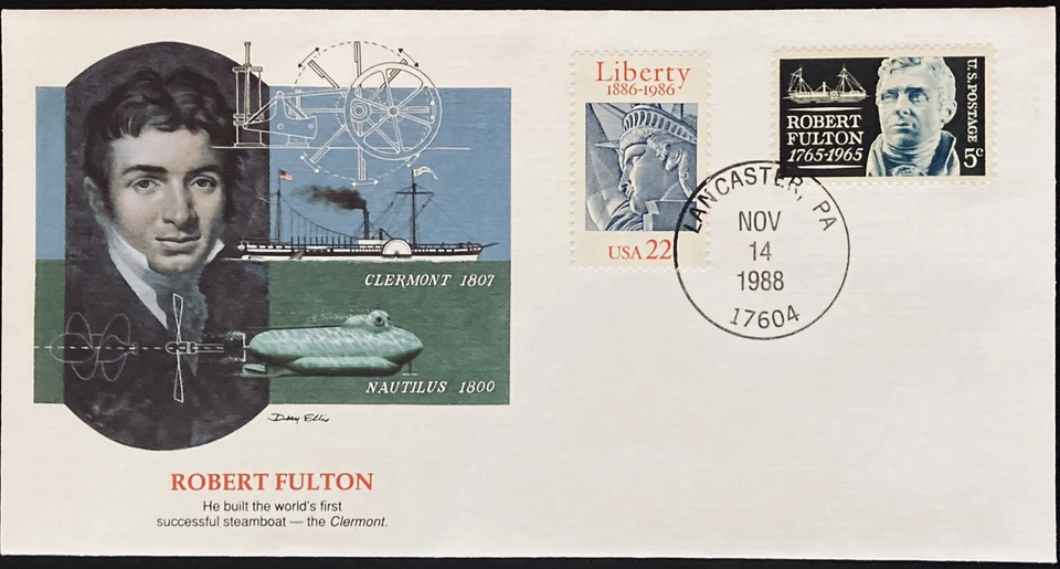 FDC~1988 ROBERT FULTON~BUILT FIRST SUCCESSFUL STEAMBOAT~THE CLERMONT - Image 1 of 1