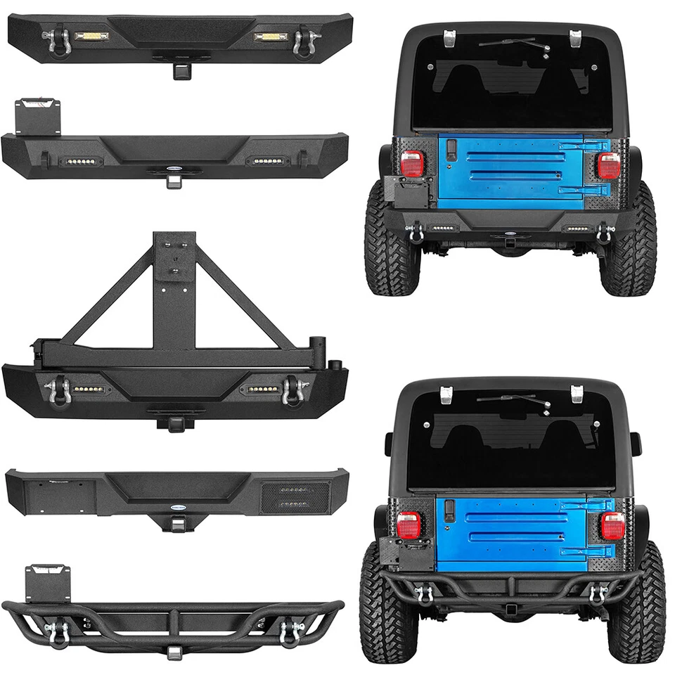 Parachoques trasero con anillo en D portador de neumáticos y luz LED para Jeep Wrangler YJ TJ 1987-2006 Foto 1 de 4