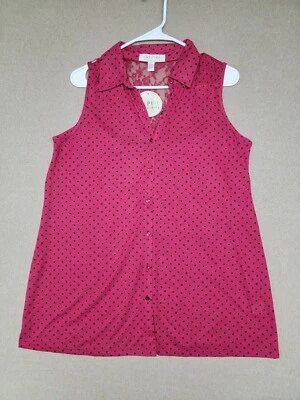 NWT~INSPIRE Maternity Shirt SMALL Sleeveless RED Polka Dot Lace Back Button-Up - Image 1 of 4