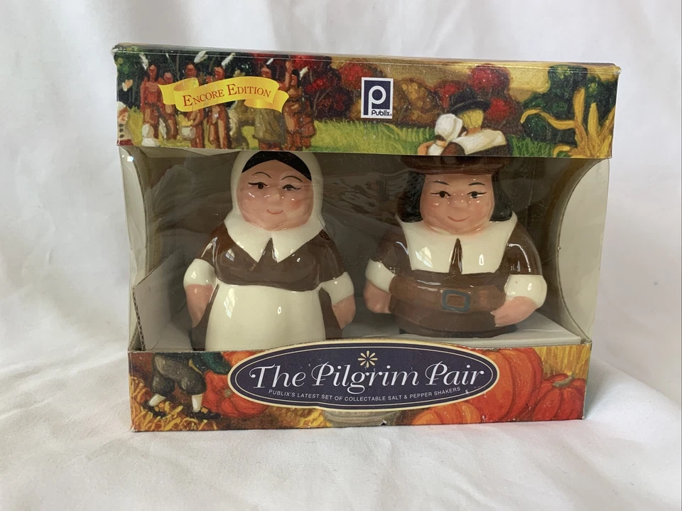 The Pilgrim Pair Ceramic Original Collectible Salt & Pepper Shakers Publix