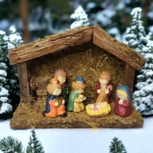 Manger Nativity Creche Ceramic Figures Little Children Painted W/ Stable 2"-3" T - Picture 1 of 10