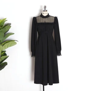 Lady Midi Dresses Long Puff Sleeve Ruffle Lace Gothic Lolita Retro Black Elegant - Picture 1 of 14