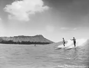 Surfing Waikiki, Hawaii - 1945 - Vintage Photo Print - Picture 1 of 1