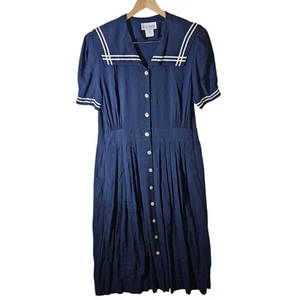 Vtg Miss Dorby Sailor Dress Size 16 Nautical Collar Button Up Rockabilly Pleated - Bild 1 von 19