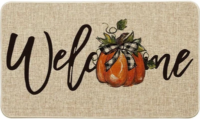 Bow Tie Pumpkin Fall Welcome Doormat, Autumn Home Decor Low-Profile Switch Rug D - Image 1 of 4