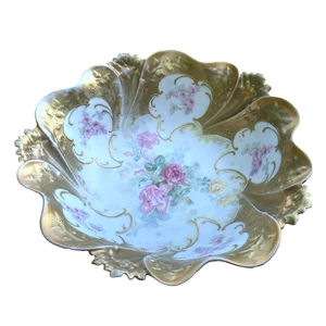 ESTATE RS Prussia Porcelain Bowl 10.5" Pink Flowers Antique c1890 Mold 37 @115 - Picture 1 of 13