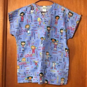 EUC - Simply Basic Women's Size M Scrub Top with Female Characters for Kids - Picture 1 of 4