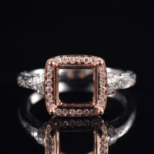 Vintage Princess Cut 7×7mm Women Natural Diamond Ring Semi Mount 14K 2 Tone Gold - Picture 1 of 9