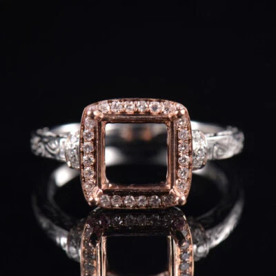 Vintage Princess Cut 7×7mm Women Natural Diamond Ring Semi Mount 14K 2 Tone Gold - Image 1 of 4