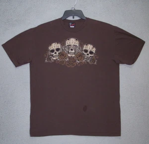 Skulls Shirt Adult Extra Large Brown Graphic See No Evil Short Sleeve Cotton Men - Picture 1 of 12
