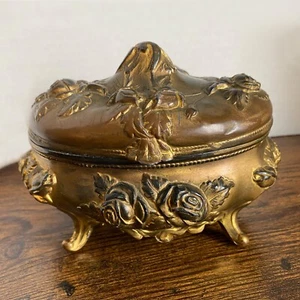 Art Nouveau Trinket Box N.B. Rogers 812-882 Gold Tone Jewelry Casket Rose Floral - Picture 1 of 11