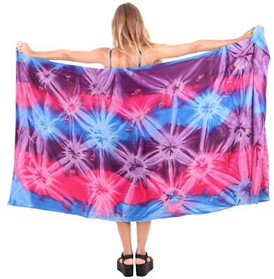LA LEELA Rayon Long Swim Tie Slit Skirt  Sarong Tie Dye 62"X43" Royal Blue_4706 - Image 1 of 3