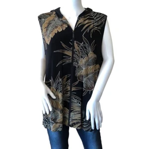 CHICO’S TRAVELERS Size 3 Black Brown Palm Leaf Print Hooded Sweater Vest Artsy - Picture 1 of 8