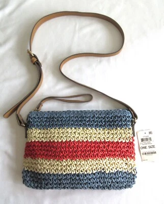 INTERNATIONAL CONCEPT INC Bolsa Transversal de Palha Pulseira Vermelha Creme Azul Nova Etiqueta - Imagem 1 de 4