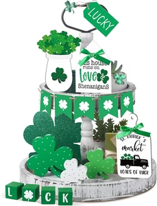 Spiareal 15 Pcs St. Patrick'S Day Tiered Tray Decor Set Luck Shamrock Wooden Sig - Picture 1 of 7